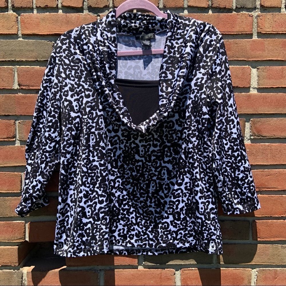 White/Black Leopard Print Cowl Neck Blouse Size L